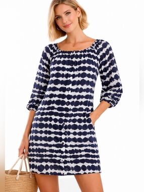 Collective Concepts Blue, White, Tie-Dye Button-Front Beach Dress Cover-up, XS/S